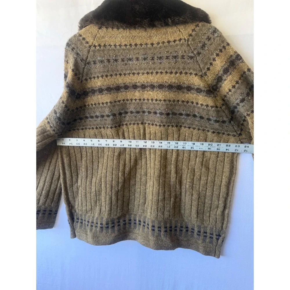 Mac & Jac Mens XL Shetland Wool Mohair Fair Isle Cardigan Faux Fur Collar Olive